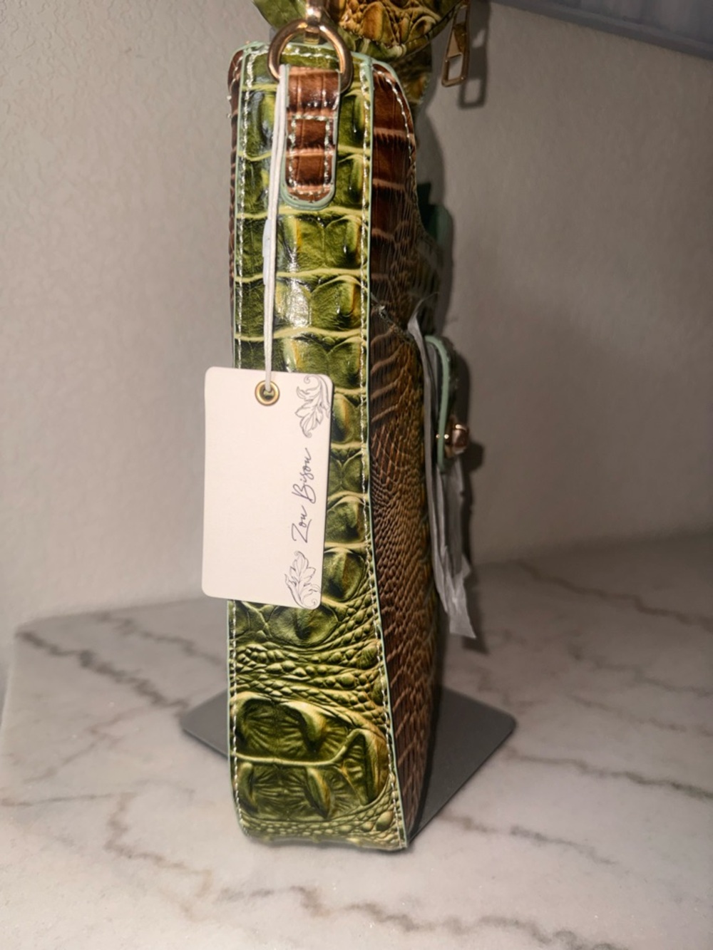 Faux Croc-Embossed Olive & Brown Ombre Shoulder Bag with Gold Turn-Lock-NWT!! - Picture 8 of 9